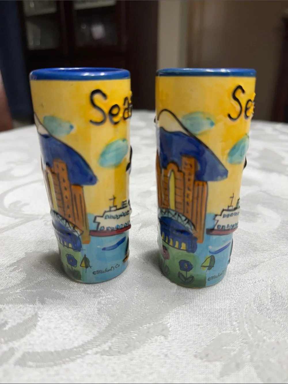 (2) Vtg. 1990s Tall Seattle Washington souvenir shot glasses. 4” tall